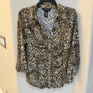 INC Brown Black Animal Print Ruched Button-Down Long Sleeve Blouse Top Sz XL